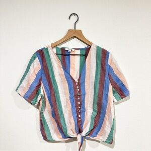 Madewell Striped V-Neck Button-Down Tie-Front Casual Top